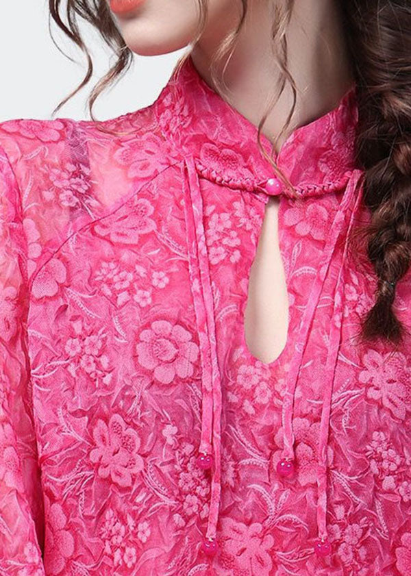 Handmade Rose Stand Collar Print Patchwork Chiffon Blouses Spring LY4629 - fabuloryshop