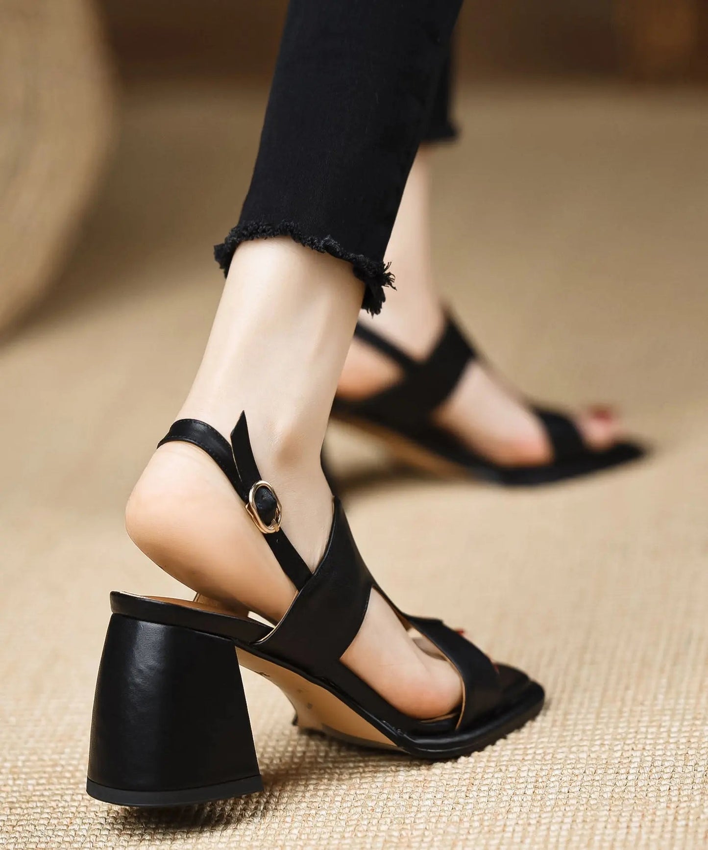 Handmade Splicing Buckle Strap Chunky Sandals Black Faux Leather Ada Fashion