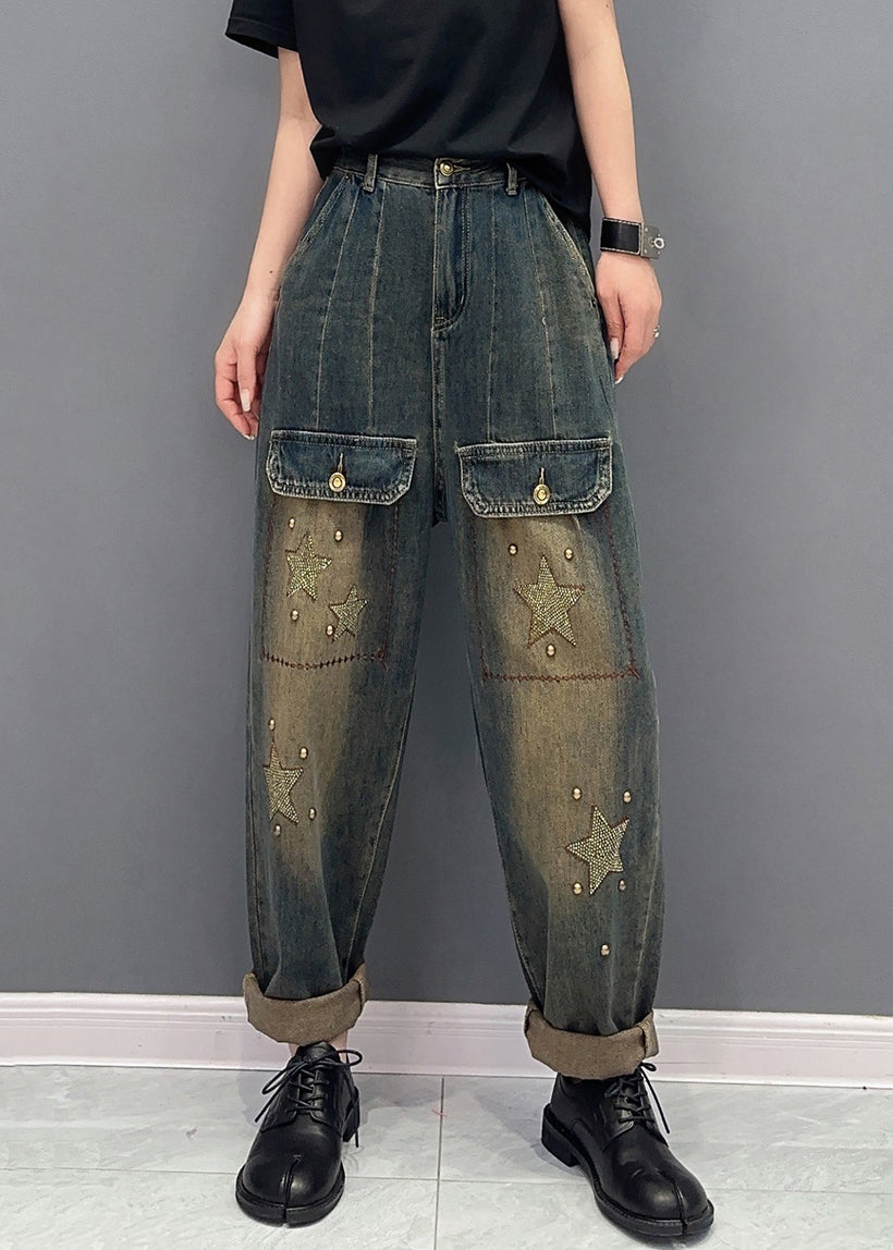 Handmade Star Zircon Pockets High Waist Patchwork Jeans Fall Ada Fashion