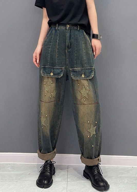 Handmade Star Zircon Pockets High Waist Patchwork Jeans Fall Ada Fashion