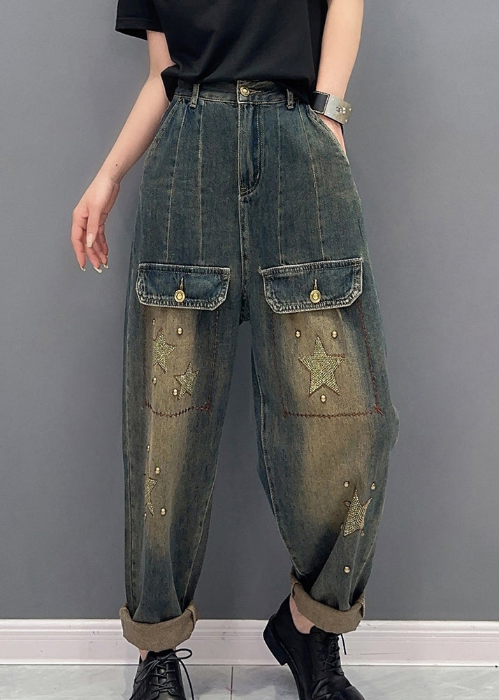 Handmade Star Zircon Pockets High Waist Patchwork Jeans Fall Ada Fashion