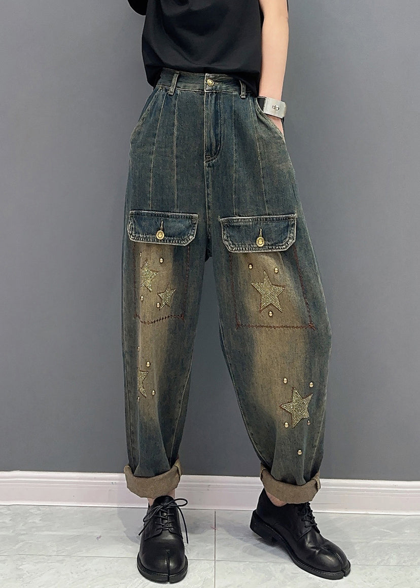 Handmade Star Zircon Pockets High Waist Patchwork Jeans Fall Ada Fashion