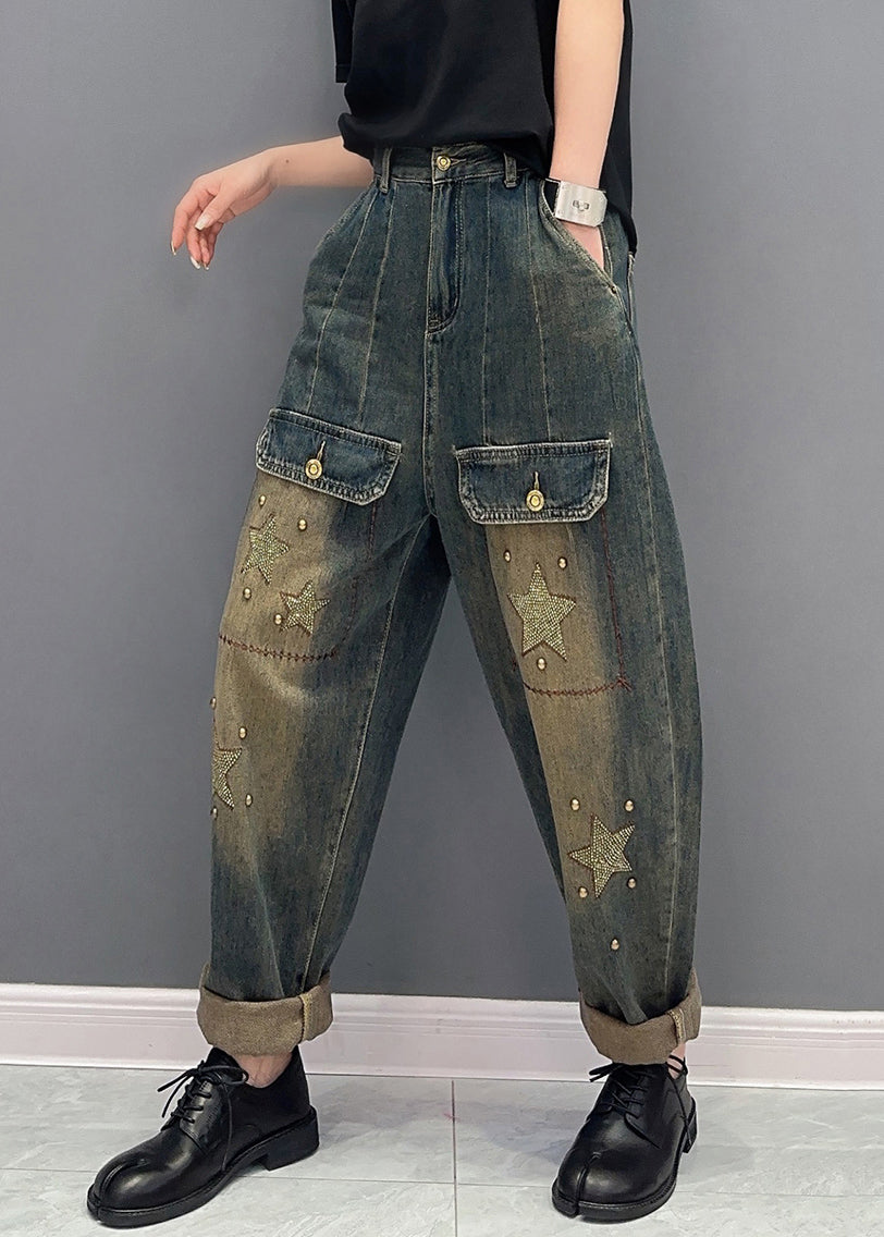Handmade Star Zircon Pockets High Waist Patchwork Jeans Fall Ada Fashion