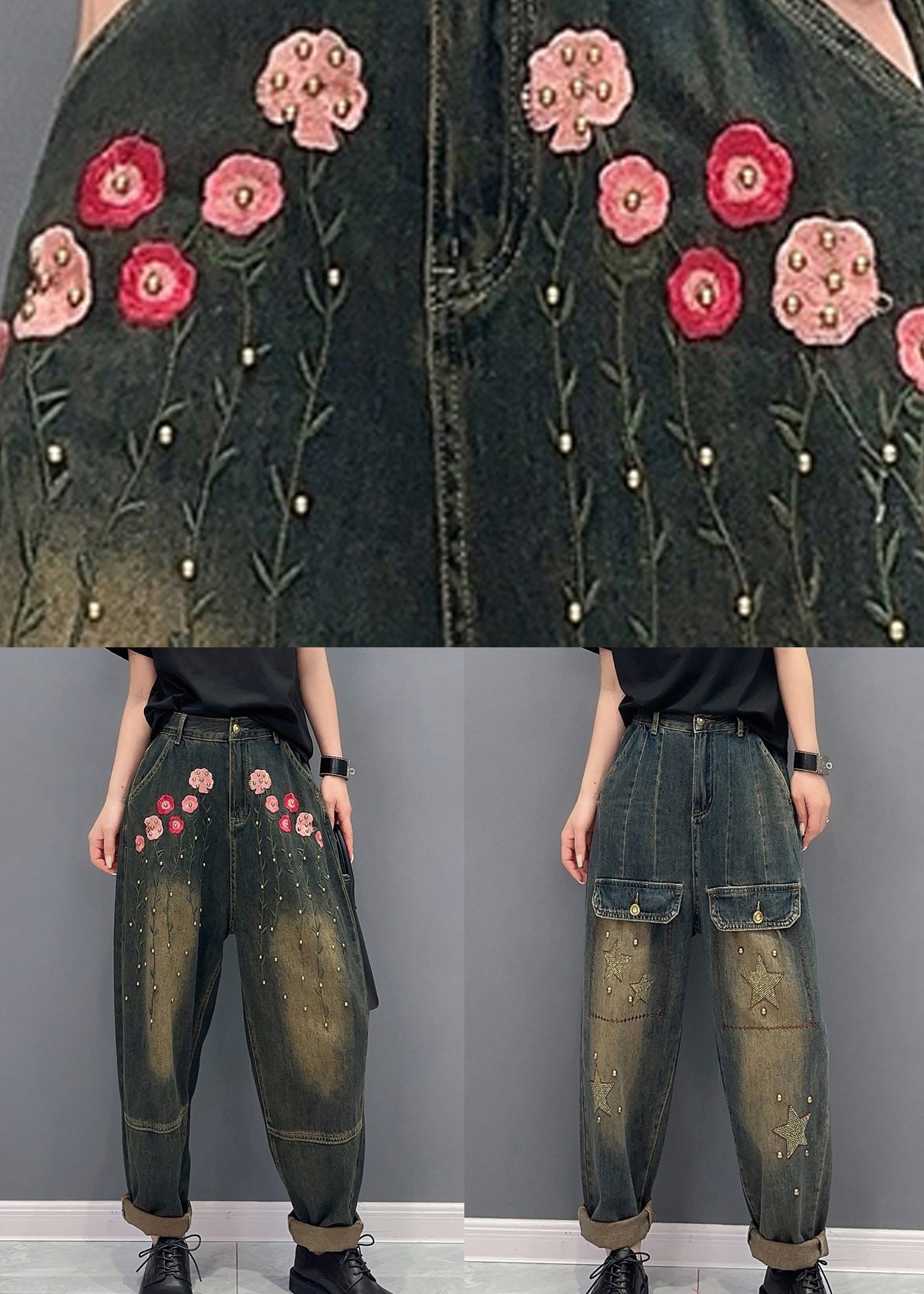 Handmade Star Zircon Pockets High Waist Patchwork Jeans Fall Ada Fashion