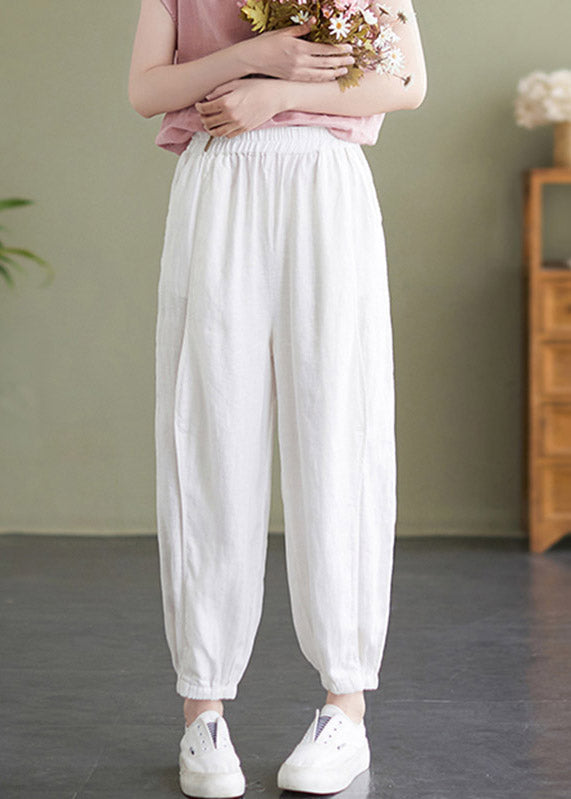 Handmade White Elastic Waist Solid Beam Pants Summer LY4642 - fabuloryshop