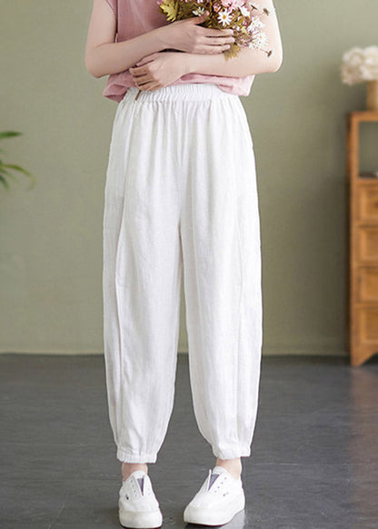 Handmade White Elastic Waist Solid Beam Pants Summer LY4642 - fabuloryshop