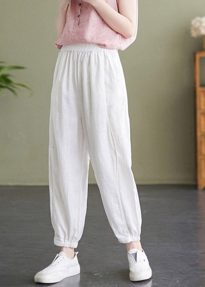 Handmade White Elastic Waist Solid Beam Pants Summer LY4642 - fabuloryshop