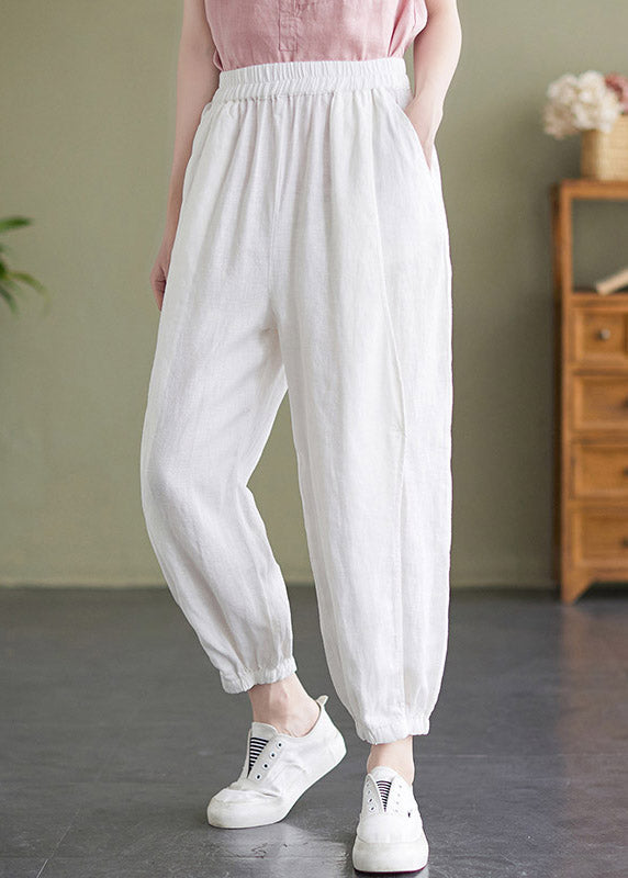 Handmade White Elastic Waist Solid Beam Pants Summer LY4642 - fabuloryshop