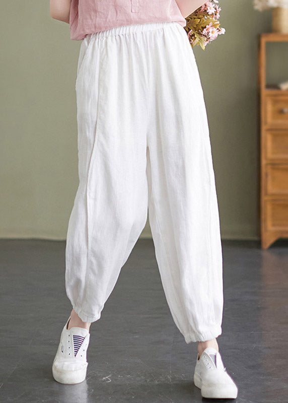 Handmade White Elastic Waist Solid Beam Pants Summer LY4642 - fabuloryshop