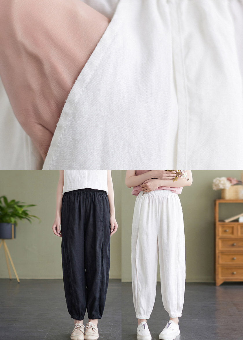 Handmade White Elastic Waist Solid Beam Pants Summer LY4642 - fabuloryshop