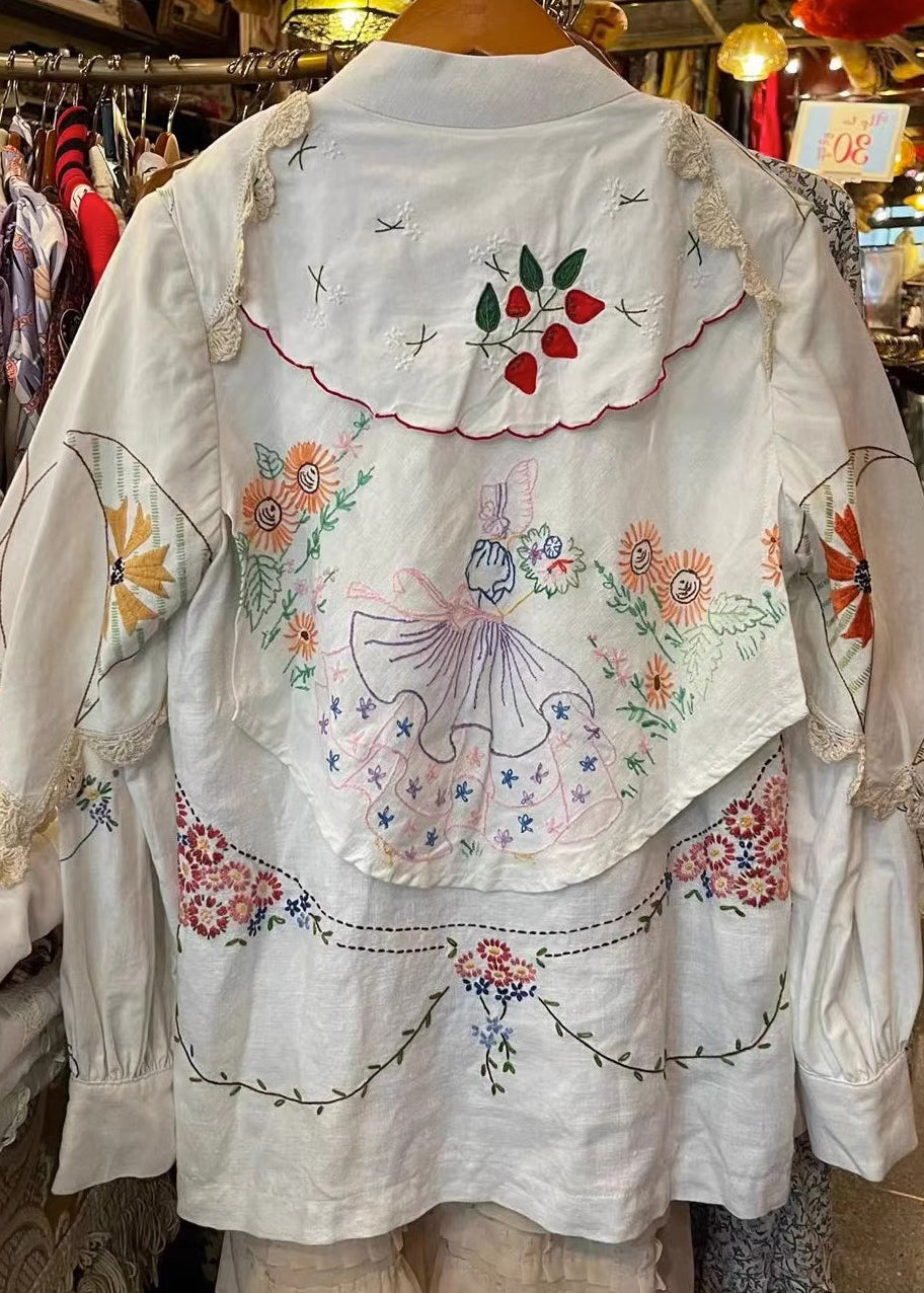Handmade White Embroideried Patchwork Cotton Blouse Tops Fall Ada Fashion