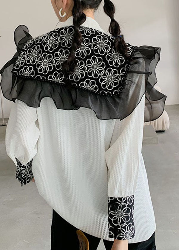 Handmade White Embroideried Tulle Ruffled Patchwork Cotton Two Piece Set Spring LY0773 - fabuloryshop