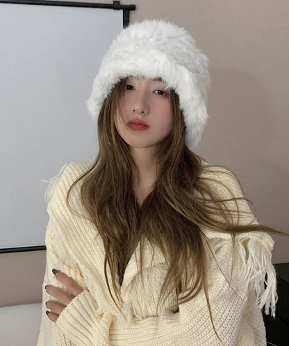 Handmade White Knit Faux Fur Solid Bonnie Hat LY517 - fabuloryshop