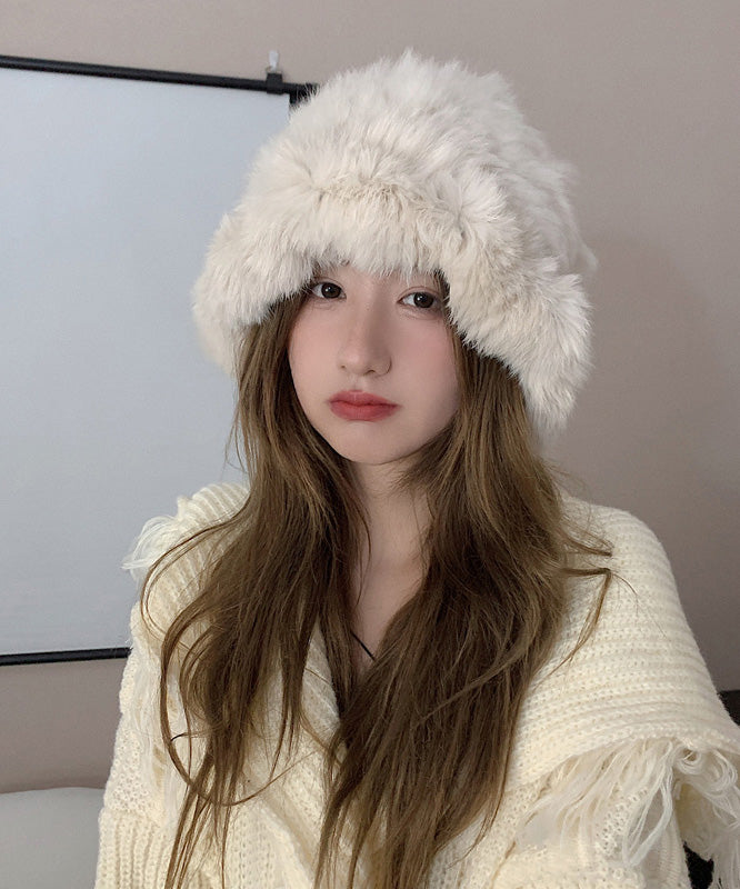 Handmade White Knit Faux Fur Solid Bonnie Hat LY517 - fabuloryshop