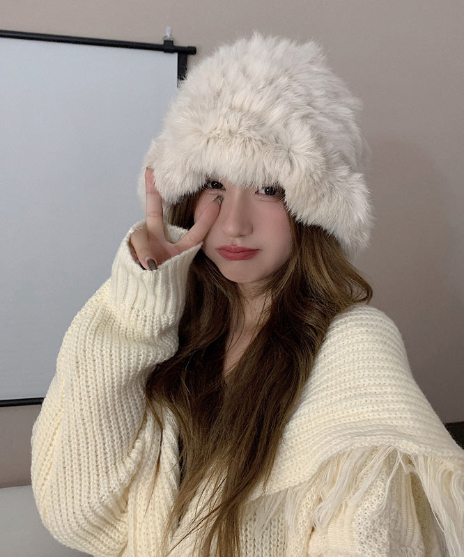 Handmade White Knit Faux Fur Solid Bonnie Hat LY517 - fabuloryshop