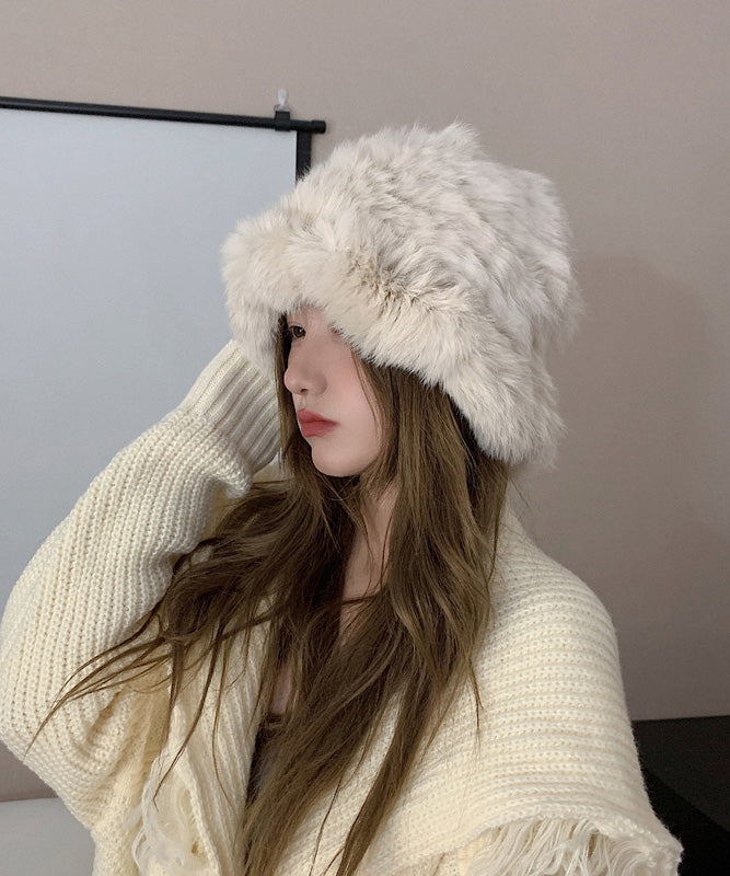 Handmade White Knit Faux Fur Solid Bonnie Hat LY517 - fabuloryshop