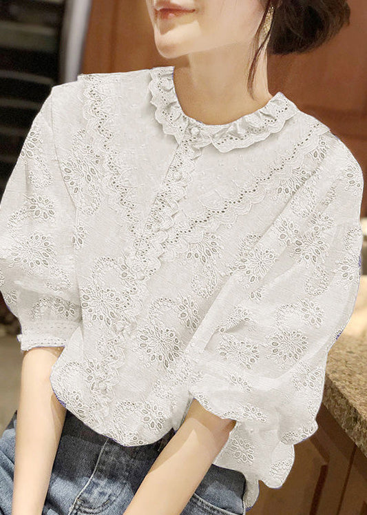 Handmade White O-Neck Button Lace Shirt Half Sleeve LY0356 - fabuloryshop