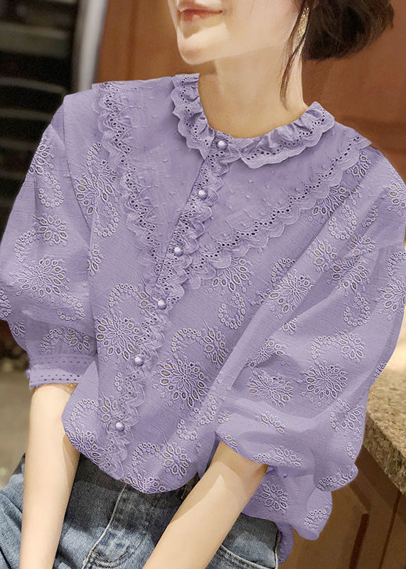 Handmade White O-Neck Button Lace Shirt Half Sleeve LY0356 - fabuloryshop