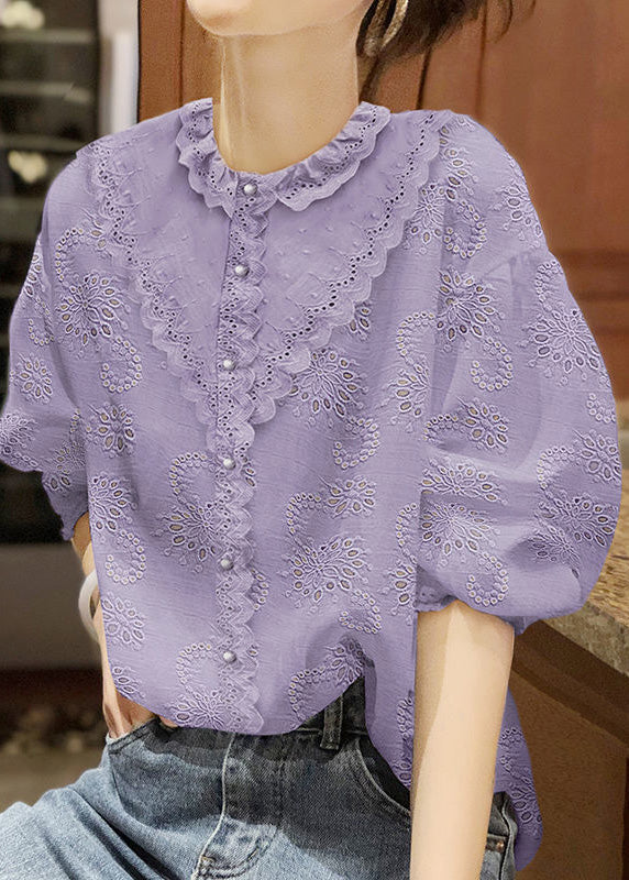 Handmade White O-Neck Button Lace Shirt Half Sleeve LY0356 - fabuloryshop