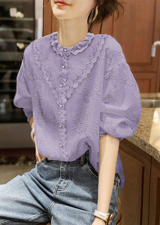 Handmade White O-Neck Button Lace Shirt Half Sleeve LY0356 - fabuloryshop