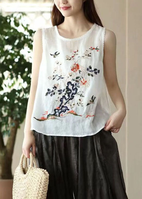 Handmade White O Neck Embroideried Patchwork Linen Tops Summer Ada Fashion