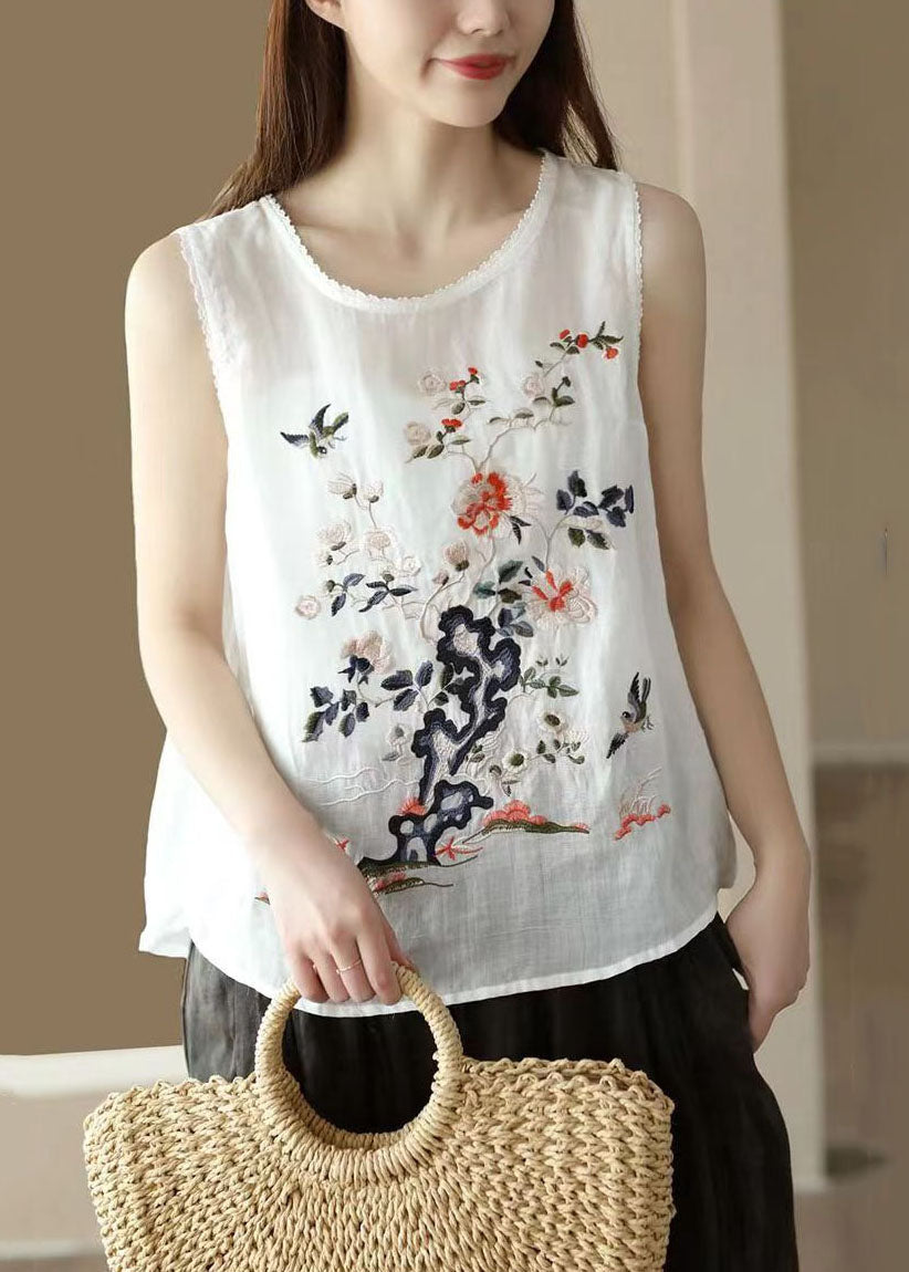 Handmade White O Neck Embroideried Patchwork Linen Tops Summer Ada Fashion