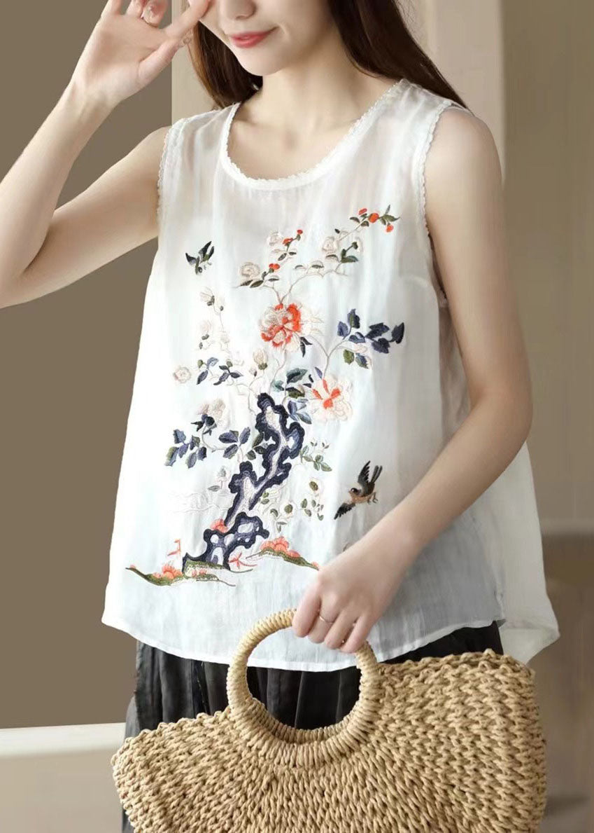 Handmade White O Neck Embroideried Patchwork Linen Tops Summer Ada Fashion