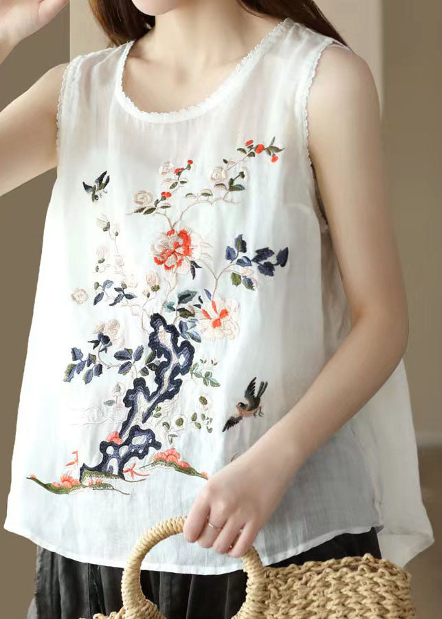 Handmade White O Neck Embroideried Patchwork Linen Tops Summer Ada Fashion