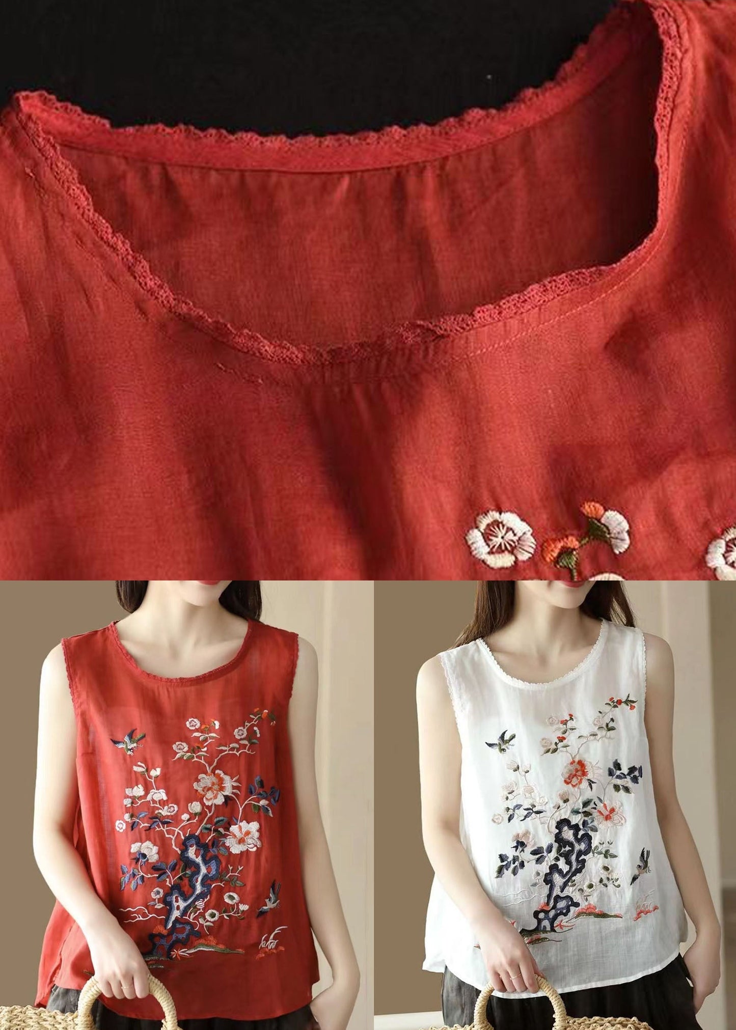 Handmade White O Neck Embroideried Patchwork Linen Tops Summer Ada Fashion