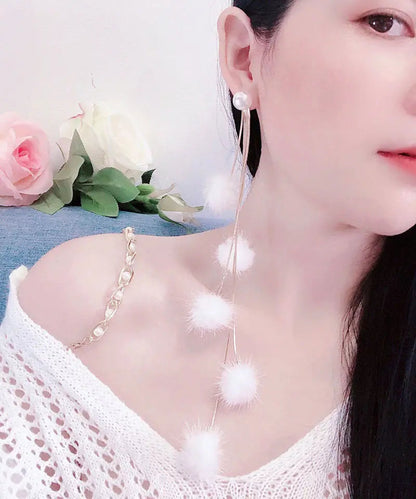 Handmade White Pearl Mink Hair Tassel Drop Earrings Ada Fashion