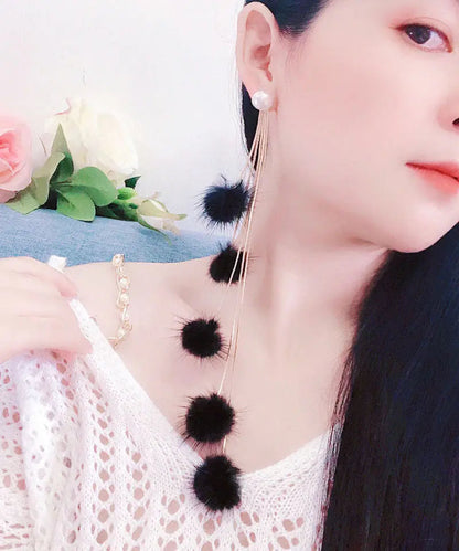 Handmade White Pearl Mink Hair Tassel Drop Earrings Ada Fashion