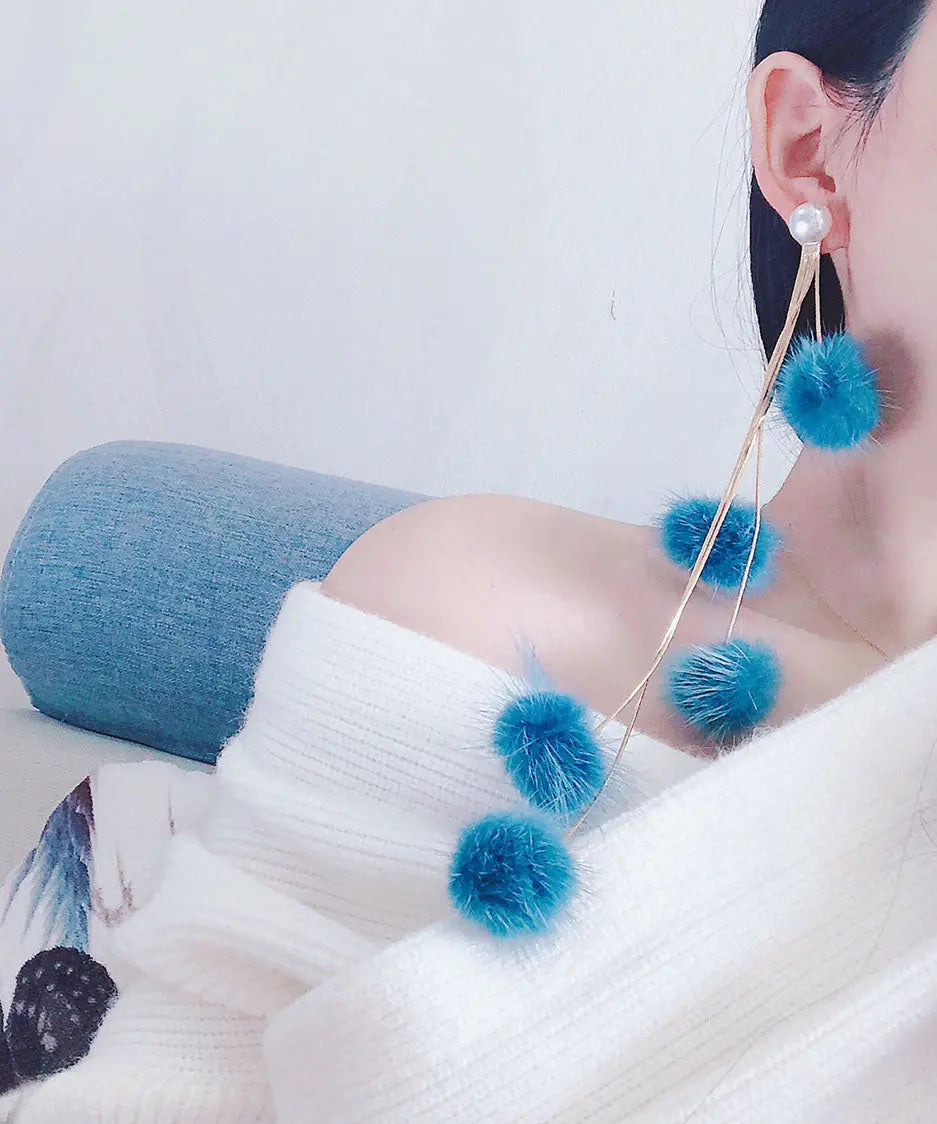 Handmade White Pearl Mink Hair Tassel Drop Earrings Ada Fashion