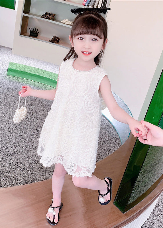 Handmade White Pearl Patchwork Floral Solid Cotton Kids Mid Dresses Summer LY5441 - fabuloryshop