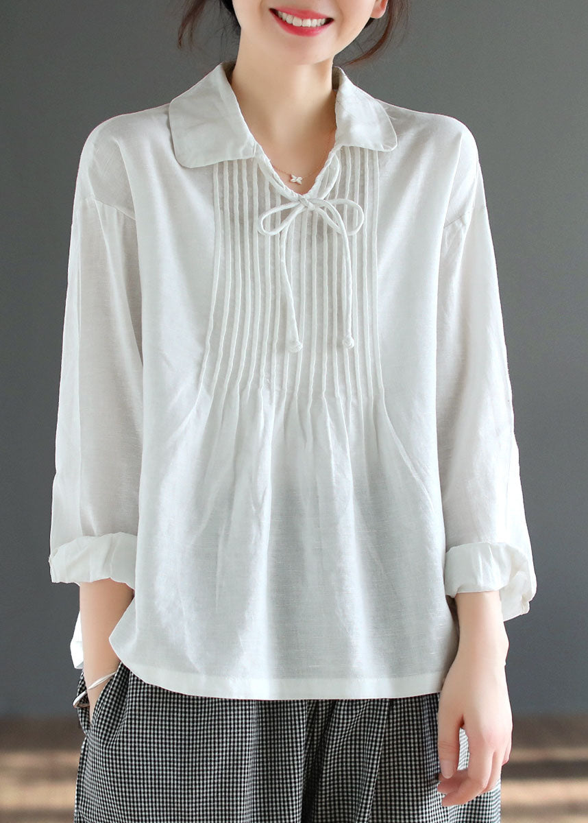 Handmade White Peter Pan Collar Patchwork Cotton Shirt Tops Long Sleeve Ada Fashion