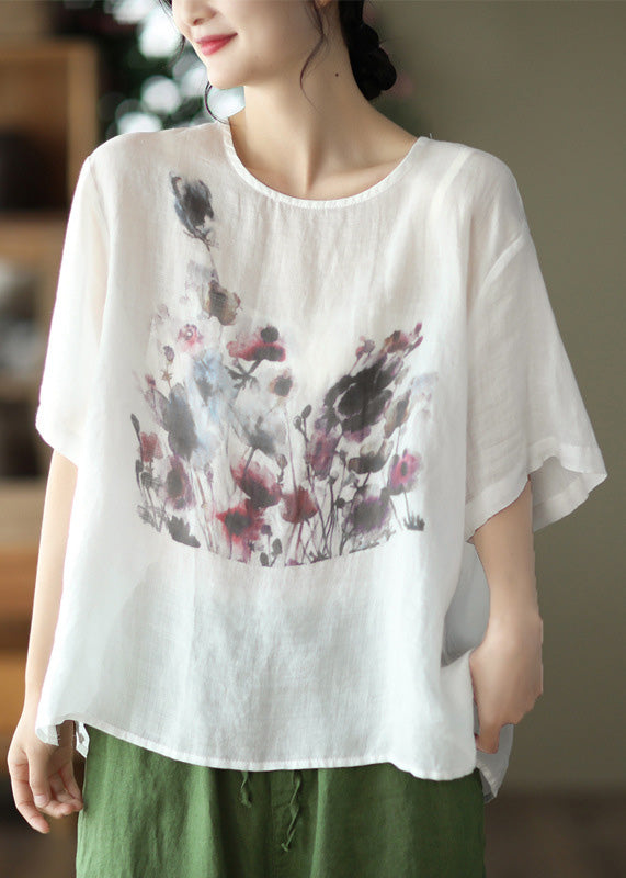 Handmade White Print Ramie T Shirt Short Sleeve LY6919 Ada Fashion