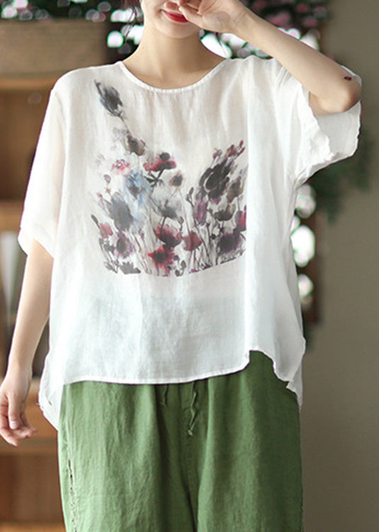 Handmade White Print Ramie T Shirt Short Sleeve LY6919 Ada Fashion