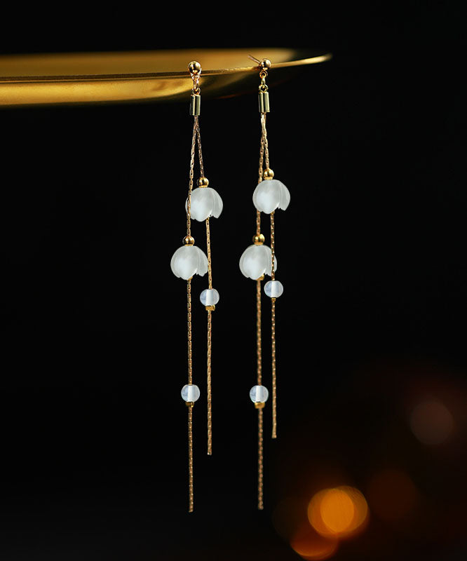 Handmade White Sterling Silver Inlaid Gem Stone Tassel Drop Earrings TW1053 - fabuloryshop