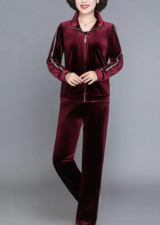 Handmade Wine Red Stand Collar Zippered Silk Velour Coats And Straight Pants Two Piece Set Fall Ada Fashion