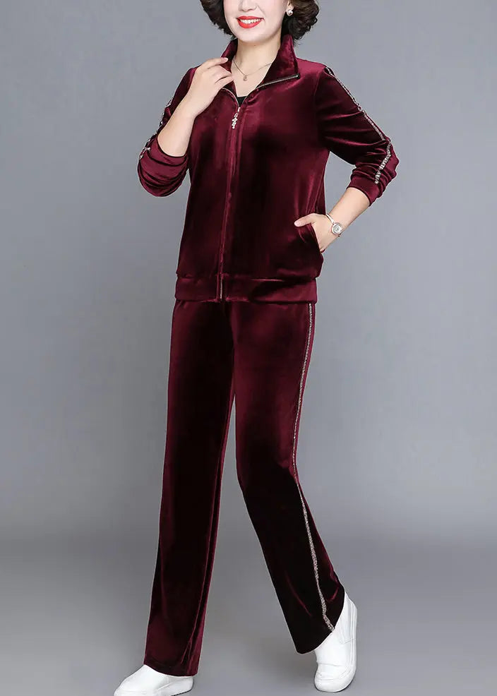 Handmade Wine Red Stand Collar Zippered Silk Velour Coats And Straight Pants Two Piece Set Fall Ada Fashion