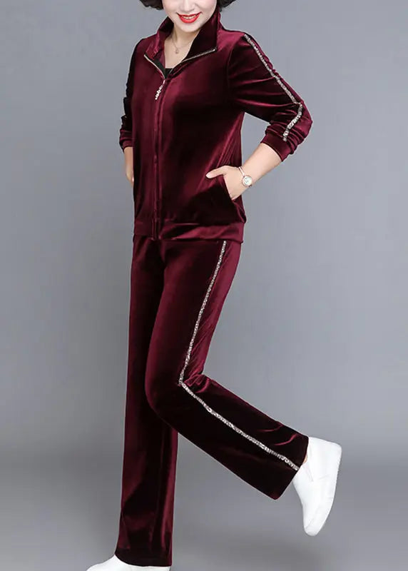 Handmade Wine Red Stand Collar Zippered Silk Velour Coats And Straight Pants Two Piece Set Fall Ada Fashion