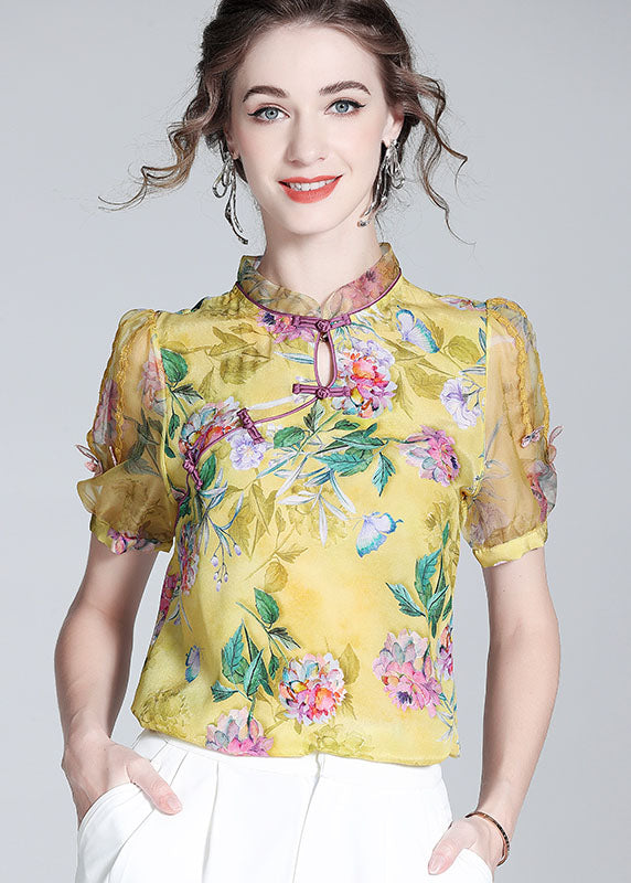 Handmade Yellow Chinese Button Patchwork Print Silk Tops Summer LY0149 - fabuloryshop