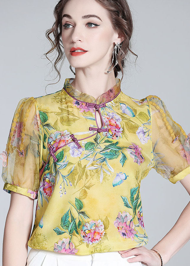 Handmade Yellow Chinese Button Patchwork Print Silk Tops Summer LY0149 - fabuloryshop