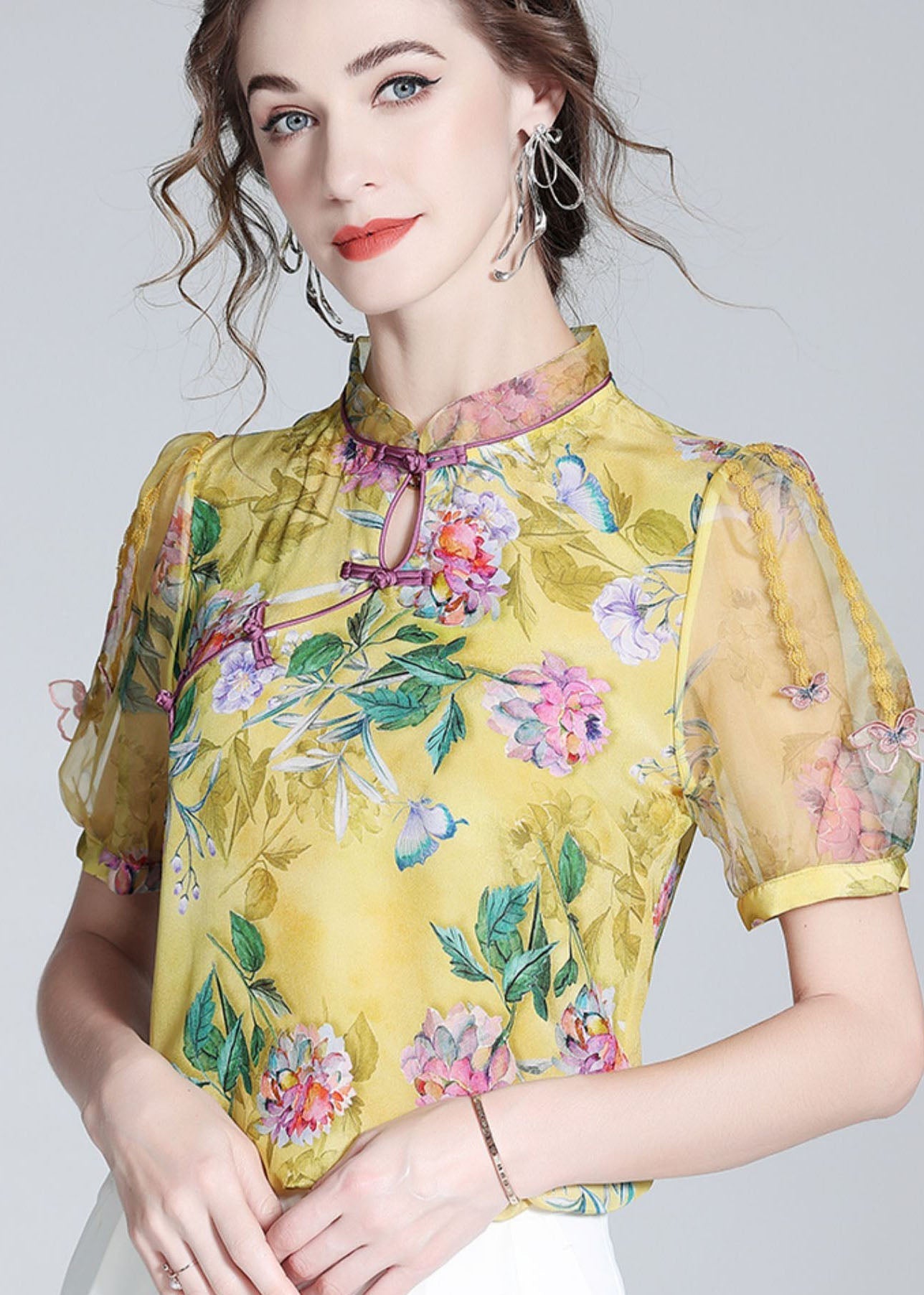 Handmade Yellow Chinese Button Patchwork Print Silk Tops Summer LY0149 - fabuloryshop