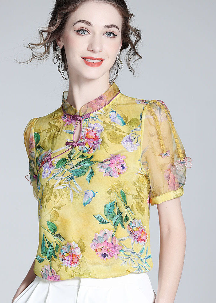 Handmade Yellow Chinese Button Patchwork Print Silk Tops Summer LY0149 - fabuloryshop