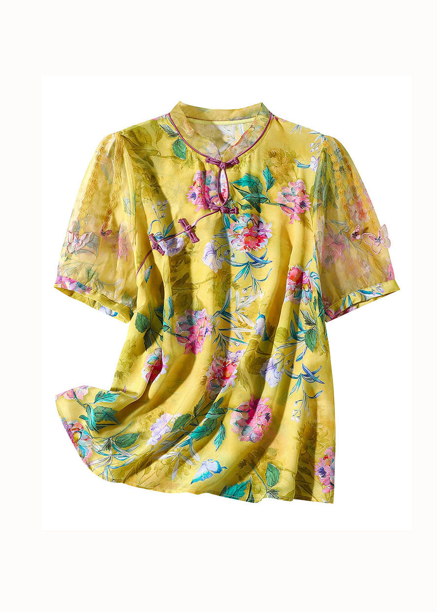 Handmade Yellow Chinese Button Patchwork Print Silk Tops Summer LY0149 - fabuloryshop