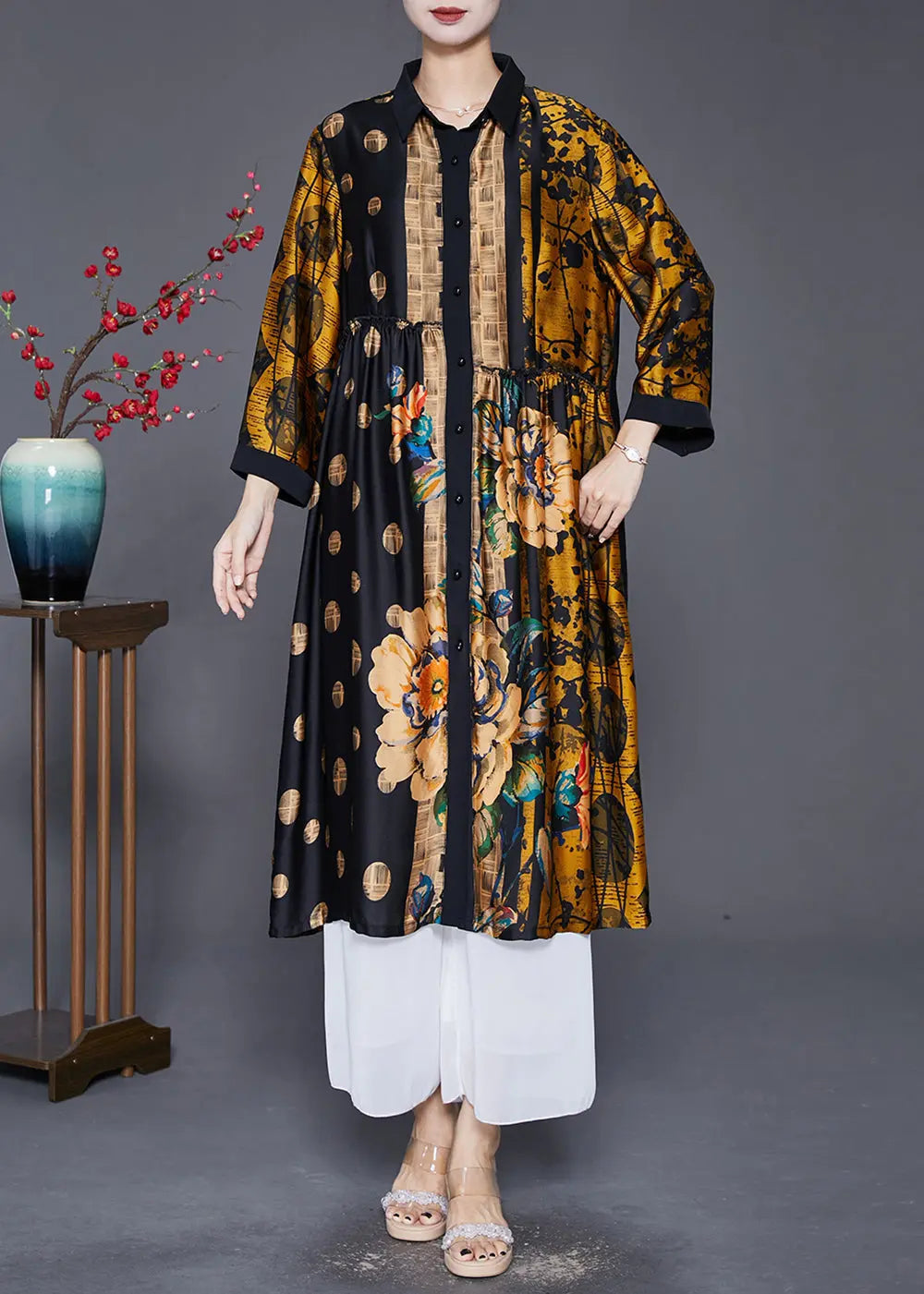 Handmade Yellow Oversized Print Wrinkled Silk Coats Fall Ada Fashion