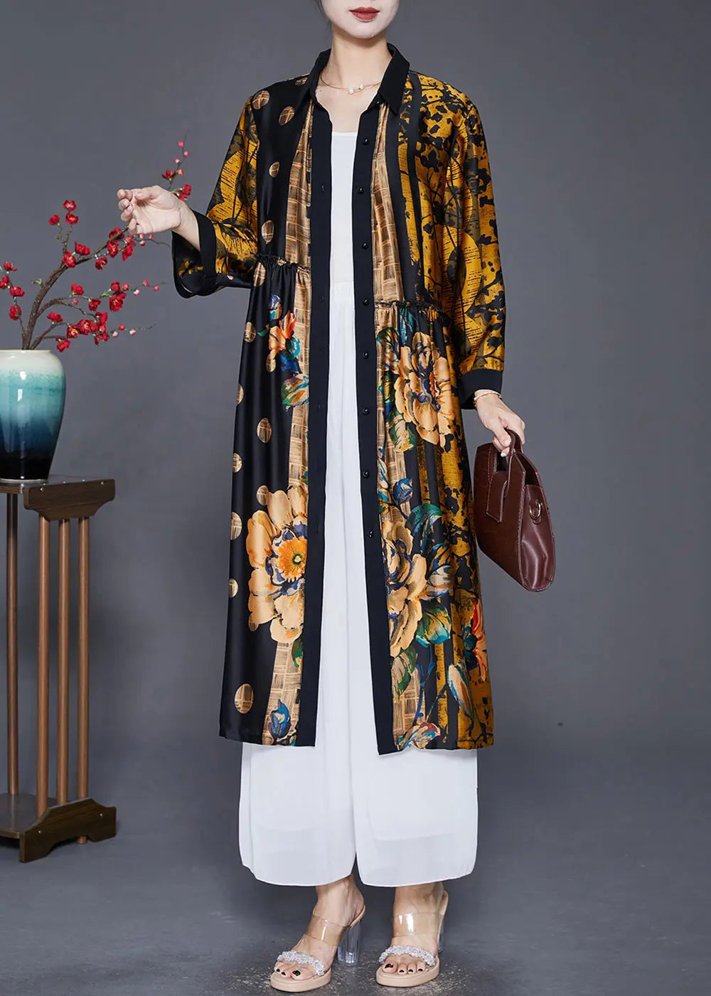 Handmade Yellow Oversized Print Wrinkled Silk Coats Fall Ada Fashion