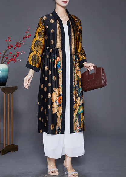 Handmade Yellow Oversized Print Wrinkled Silk Coats Fall Ada Fashion