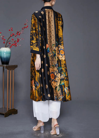 Handmade Yellow Oversized Print Wrinkled Silk Coats Fall Ada Fashion