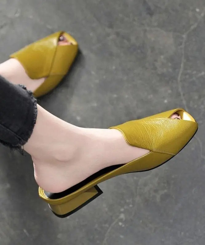 Handmade Yellow Peep Toe Splicing Soft Chunky Slide Sandals Ada Fashion